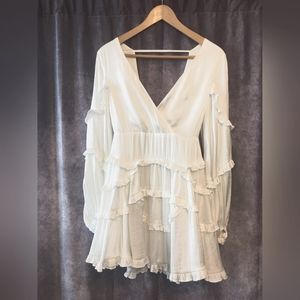 White xs Bardot ruffle dress- great for bridal shower, bachelorette or rehearsal